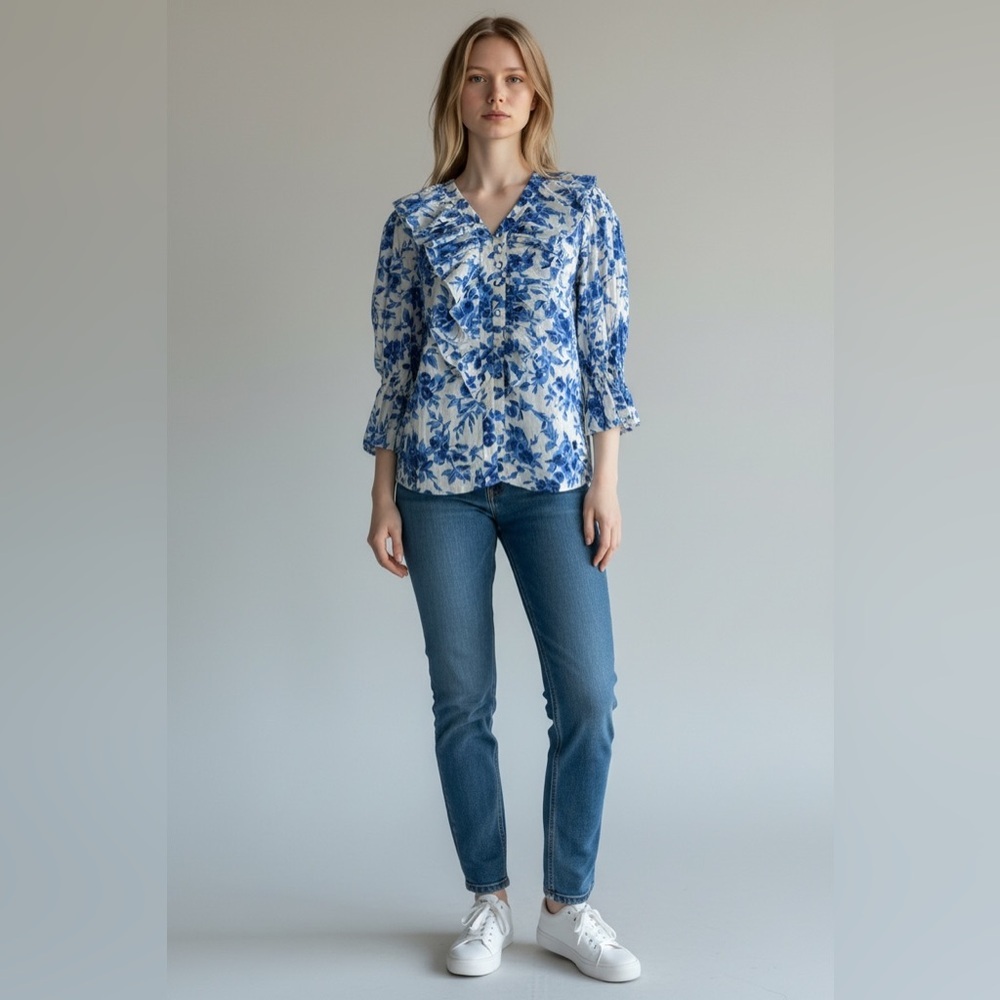 Mille Resort & Travel Ruffle Collar Blouse Blue Floral Blue White Cotton Size S